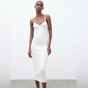 Zara Ribbed V-Neck Midi Dress - Off White